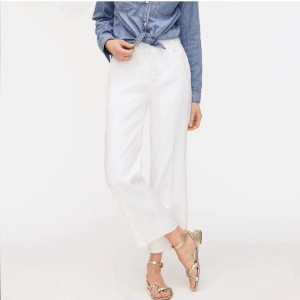 J.crew white linen wide leg cropped trousers.